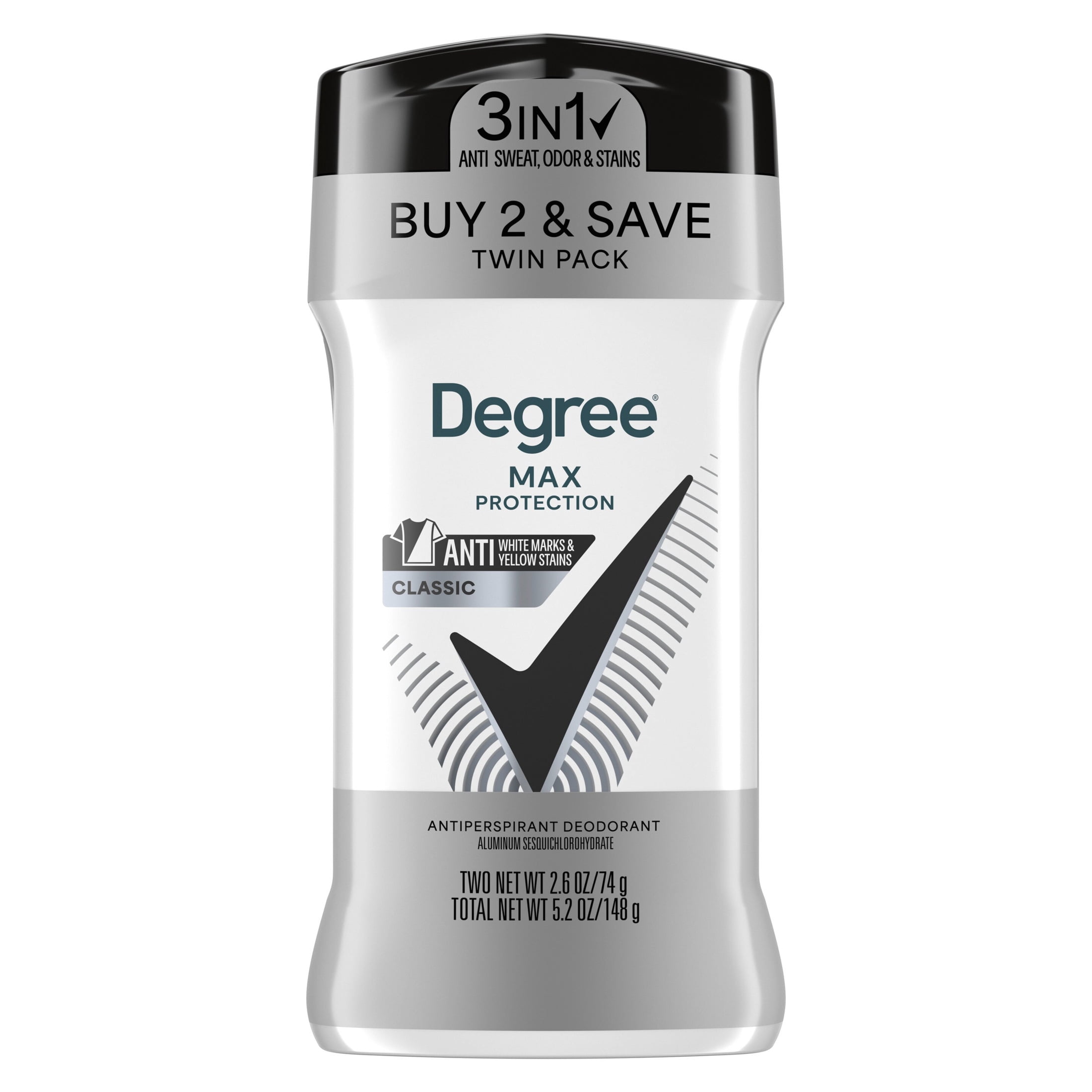 Degree Men 3in1 Max Protection Antiperspirant Deodorant Classic Anti Sweat, Odor and Stains Classic 72-Hour Sweat and Odor Protection, 2.6 oz 2 Count