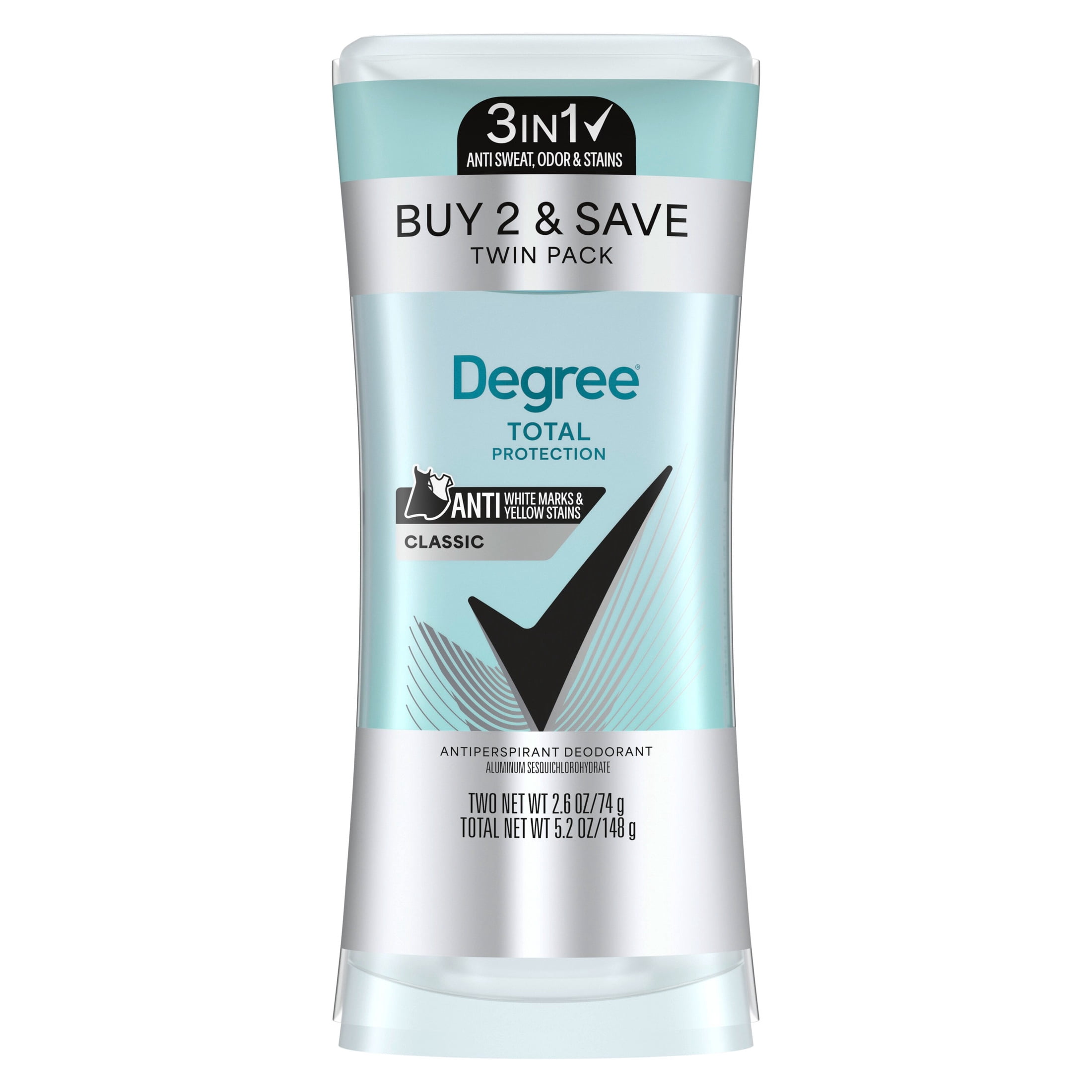 Degree 3in1 Total Protection Antiperspirant Deodorant for Women Anti Sweat, Odor and Stains Classic 72-Hour Sweat & Odor Protection, 2.6 oz Twin Pack