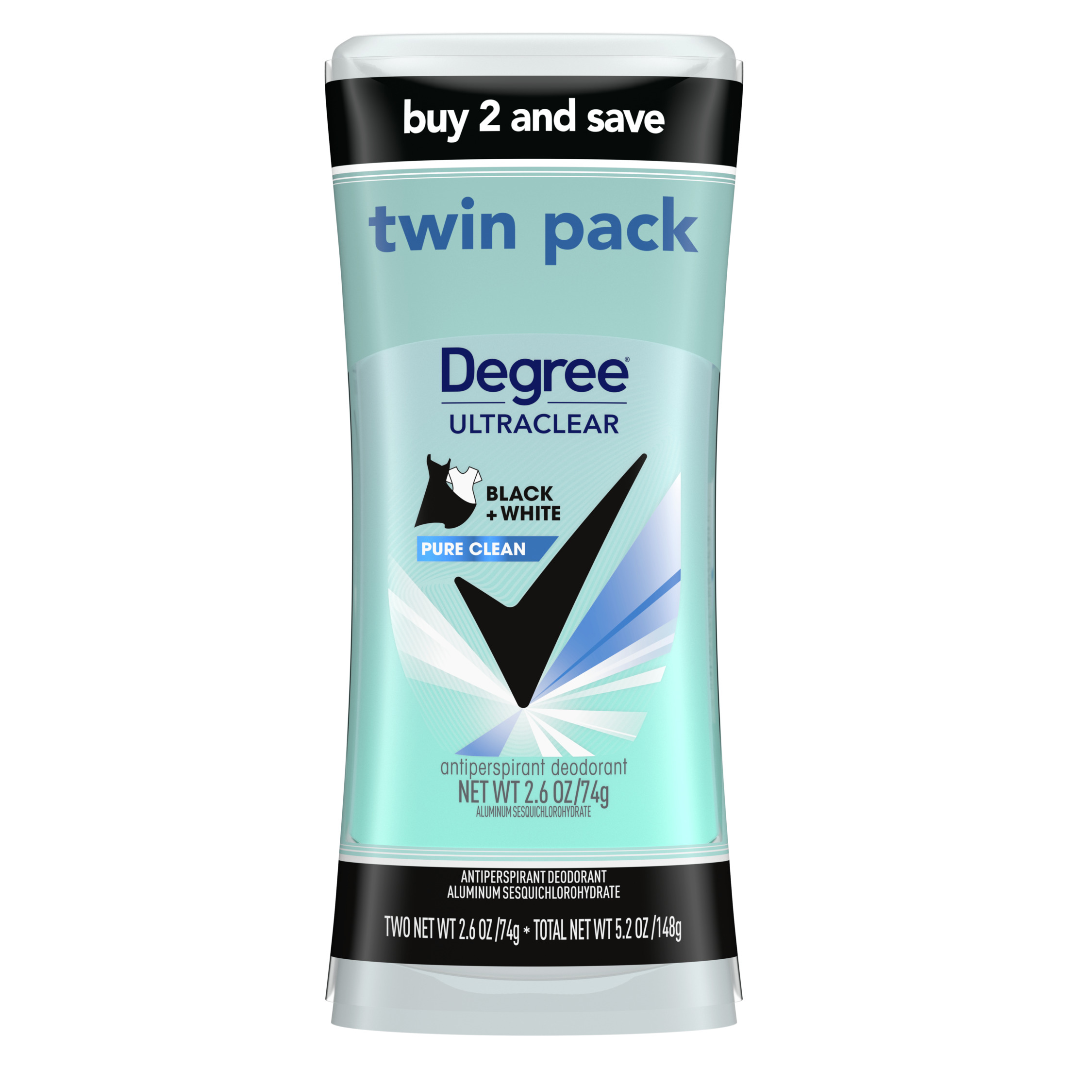 Degree Ultra Clear Long Lasting Women's Antiperspirant Deodorant Stick Twin Pack, Pure Clean, 2.6 oz - image 1 of 11
