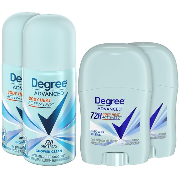 Degree Womens Travel Deodorant Antiperspirant Bundle  Advanced 72H Protection Mini Sticks and Dry Sprays, Shower Clean Scent (4 Piece Set)
