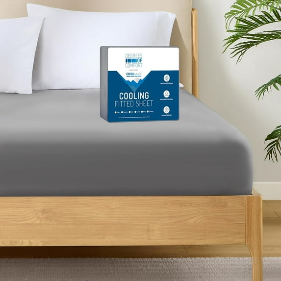 Degrees of Comfort Coolmax Cooling Fitted Sheet Only, Full Size Bed Soft Sheets for Hot Sleepers, up to 15" Deep Pocket, All Around Elastic, Wrinkle Free, Fade Stain Resistant, Grey 1PC