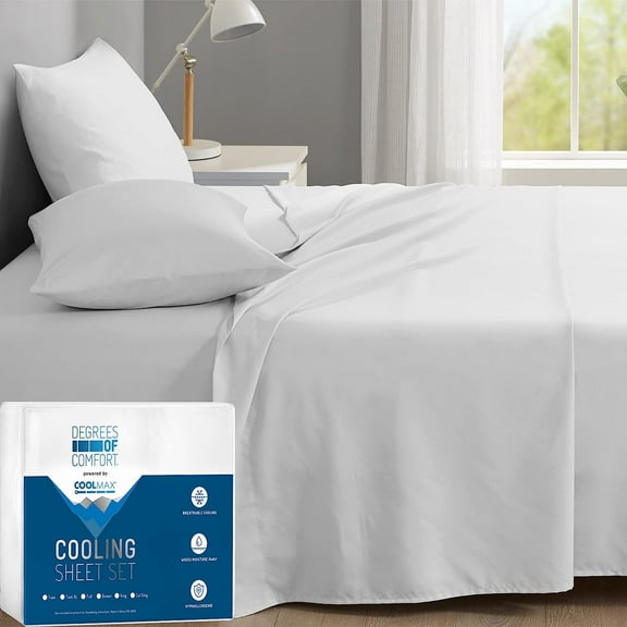 Degrees of Comfort Coolmax Cooling Sheets Set for Twin Size Bed, Moisture Wicking for Night Sweats Best Comfort, Cool Sheets for Hot Sleepers During Warm Weather with Deep Pocket, White-3PC