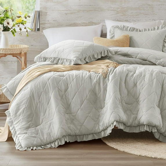 Degrees of Comfort Gray Ruffle Bedding Set, Shabby Chic Farmhouse King Size Comforter, Boho Fluffy Cozy Washed Microfiber Bed Sets, 3 Piece with Ruffled Pillow Shams