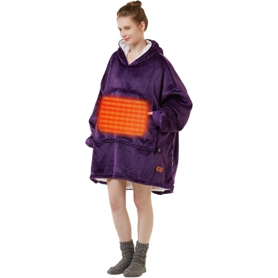 Degrees of Comfort Heated Wearable Blanket for Women Adult, Cordless Wearable Electric Blanket Hoodie Battery Powered, Warm Sherpa Sweatshirt Gift for Women, Purple