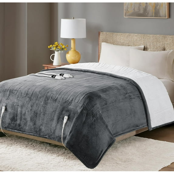 Degrees of Comfort Sherpa Plush Dual Control Electric Blanket Queen Size, Heating Blankets | Washable | Automatic Shut Off | Double Zone, 6 Heat Settings | 84" x 90" Grey