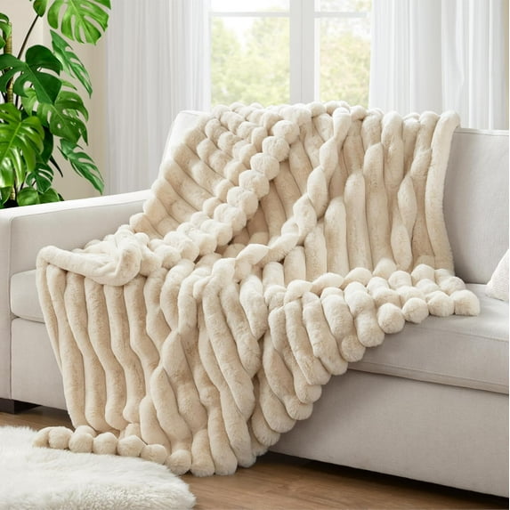 Hyde Lane Soft Fluffy Faux Fur Blanket - Cozy & Warm, Reversible Striped Plush Blanket for Couch, Sofa, Chair, for Women (Beige, 50"x60")