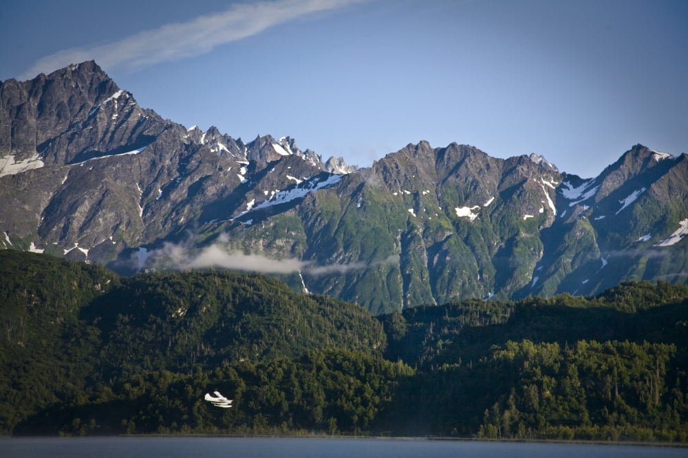 Dehavilland Turbine Otter Floatplane Flies Over Big River Lakes With Chigmit Mountains In The Background During Summer In Southcentral Alaska Canvas Art - Jeff Schultz Design Pics (34 x 22)