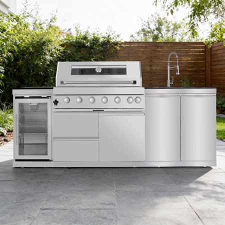 Daheat 43-Inch 6-Burner 85000 BTU Stainless Steel Gas Modular Outdoor Kitchen Grill Island with Wine Cooler, Refrigerator, Rotisserie, Granite Countertop & Storage Cabinets