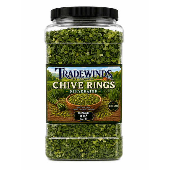 Dehydrated Chive Rings 8 oz | Non-GMO | Potatoes, Eggs, Soups, Dips & Seasoning | Bulk Container | Tradewinds Flavors
