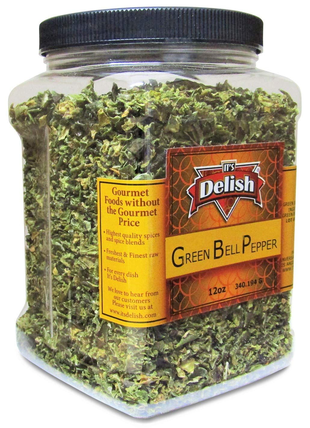 Dehydrated Dried Green Bell Pepper by It's Delish - 12 Oz Jumbo Reusable Container - Sealed to Maintain Freshness - Chopped & Dried Vegetable Spice Seasoning