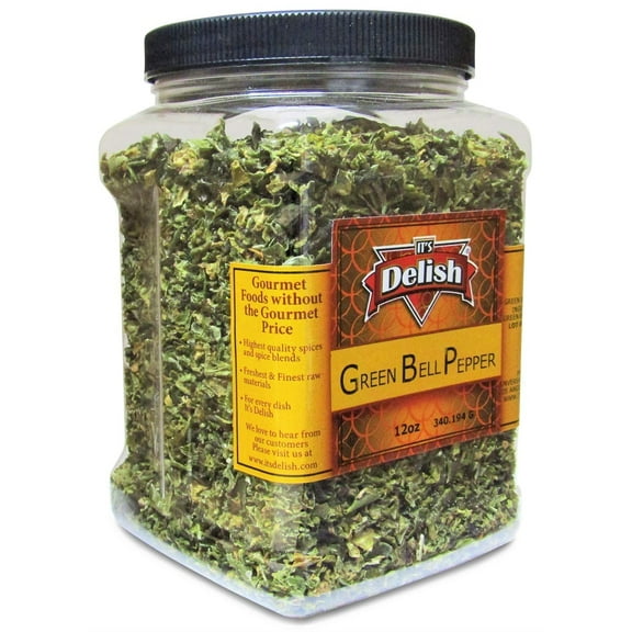 Dehydrated Dried Green Bell Pepper by It's Delish - 12 Oz Jumbo Reusable Container - Sealed to Maintain Freshness - Chopped & Dried Vegetable Spice Seasoning