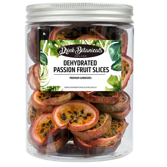 Dehydrated Dried Passion Fruit Slices | 50+ Slices | 100% Natural | Passion Fruit For Garnishing Cocktails Mocktails Cakes | 95 Grams, 3.35 oz | PET Recyclable Jar | Drink Botanicals Ireland