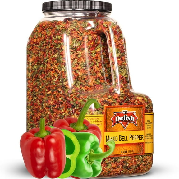 Dehydrated Dried Red and Green Bell Peppers Mix by It's Delish - 48 Oz 3 lbs Restaurant Gallon Size Jug With handle - Sealed to Maintain Freshness - Chopped & Dried Vegetable Spice Seasoning