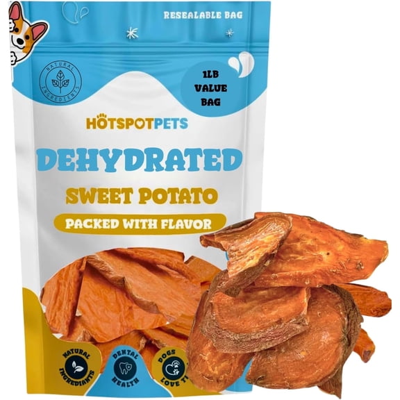 Dehydrated Sweet Potato Dog Treats (1 Pound Bag) - All Natural Rawhide Free Dog Chews