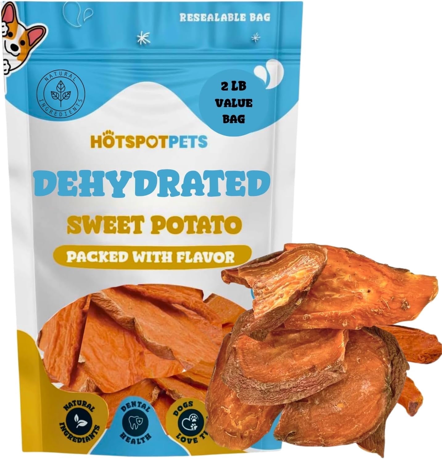Dehydrated Sweet Potato Dog Treats (2 Pound Bag) - All Natural Rawhide Free Dog Chews