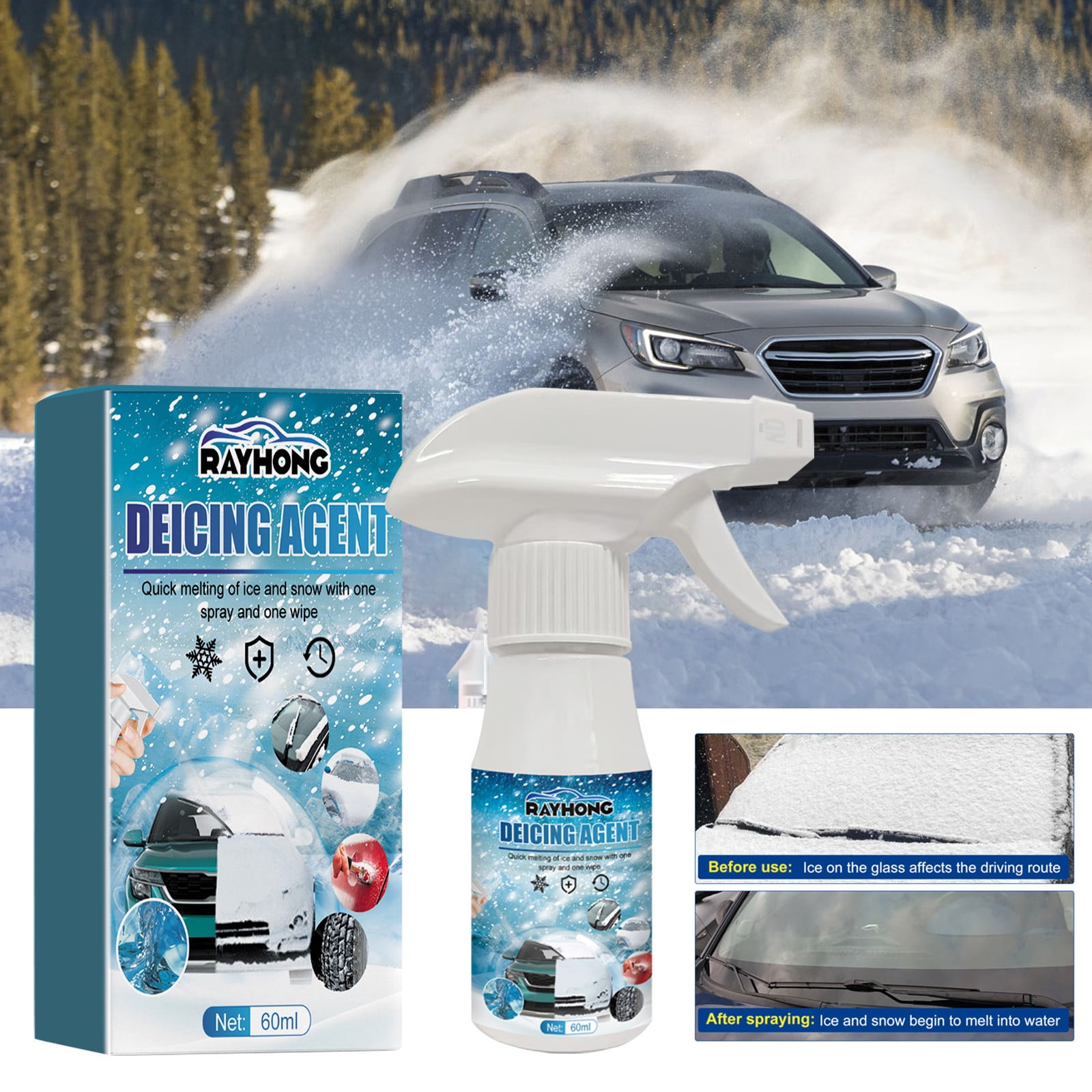 Deicer Spray for Car Windshield 60ml Defroster for Car Windshield De Icer for Car Windshield Fast Ice \u0026 Snow Melting Spray Window Snow Spray Auto Windshield Defroster Deicer Spray Deicing Spray