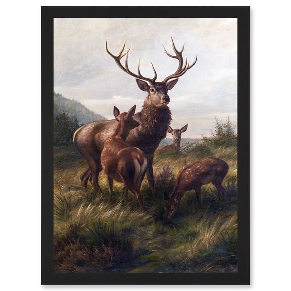 Deiker Stag Deer Antlers Doe Animal Nature Painting Artwork Framed Wall Art Print A4