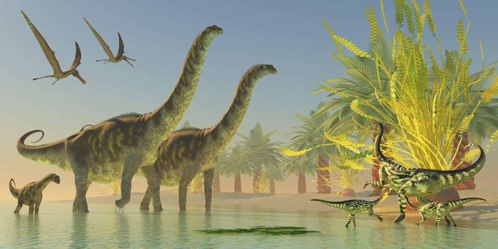 Deinocheirus dinosaurs watch a group of Argentinosaurus walk through shallow waters Canvas Art - Corey FordStocktrek Images (40 x 20)