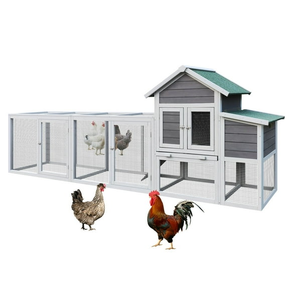 Deiokin 122" Large Wooden Chicken Coop, Outdoor Hen House with Nesting Box & Wire Fence for 3-4 Chickens
