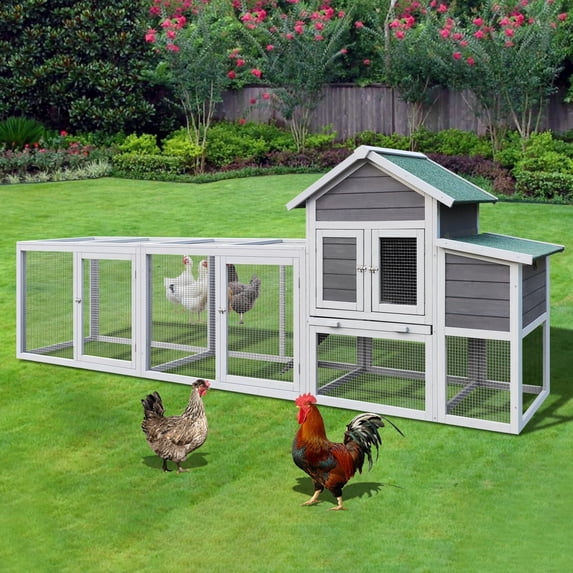 Deiokin 122" Large Wooden Chicken Coop with Nesting Box & Run, Outdoor Hen House with Asphalt Roof, Easy-Clean Tray, Wire Fence for 3-4 Chickens