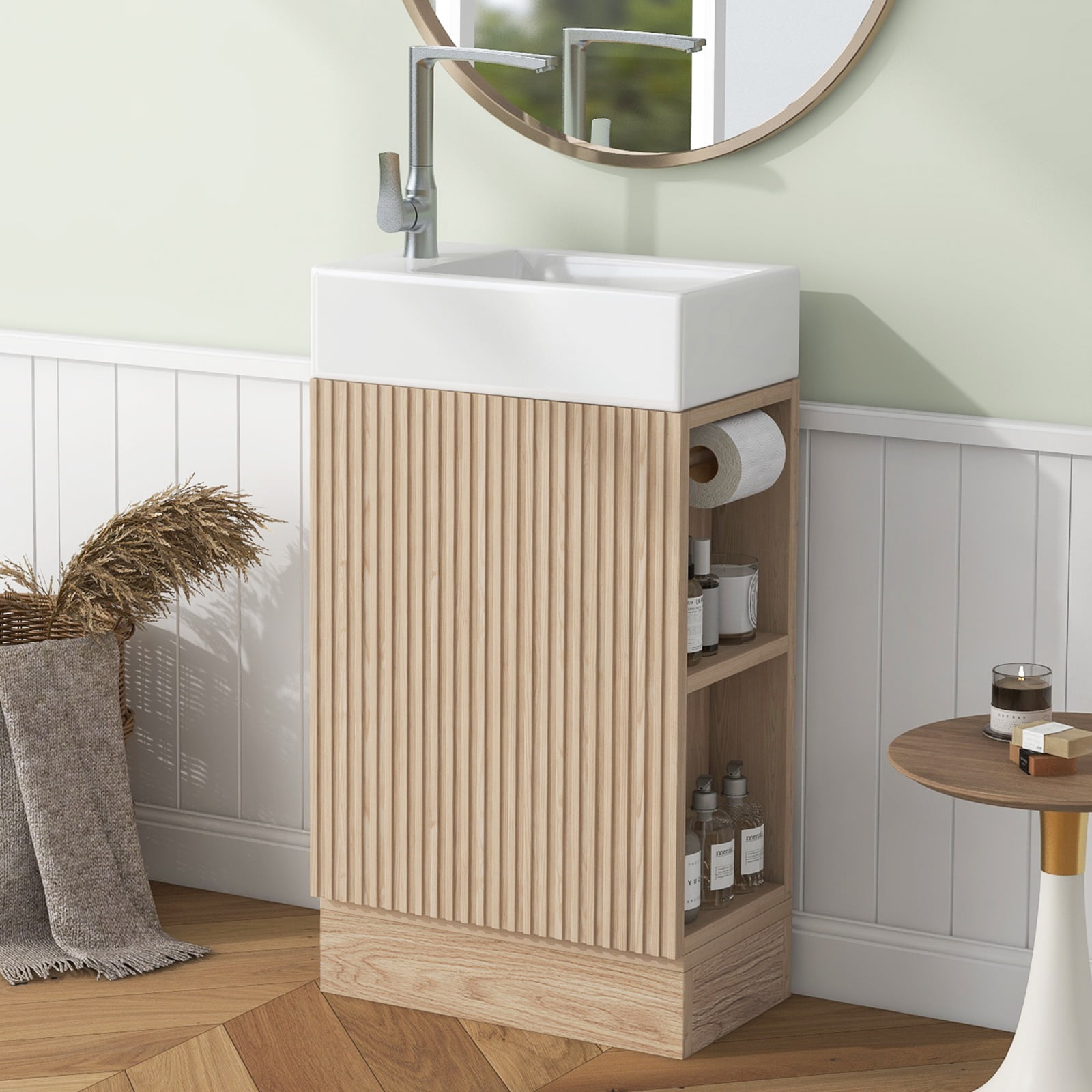 Deiokin 18.6 Inch Bathroom Vanity with Sink, Small Vanity Cabinet with 2-Tier Shelf & Toilet Paper Holder, Left or Right Orientation