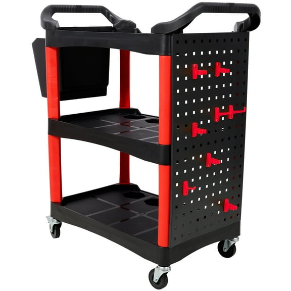 Deiokin 3-Tier Rolling Auto Detail Cart with Bucket, Pegboard & Hooks, Locking Wheels for Detailing, Garage, Workshop
