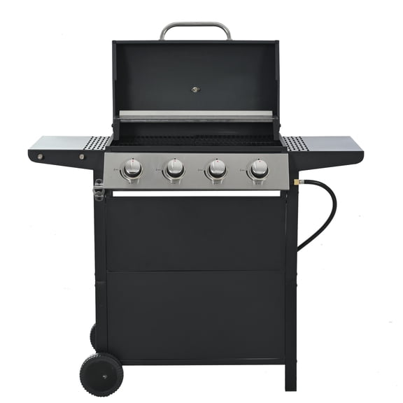 Deiokin 4-Burner Propane Gas Grill, 34,000 BTU Stainless Steel BBQ Grill with Two Side Shelves, Thermometer, and Wheels