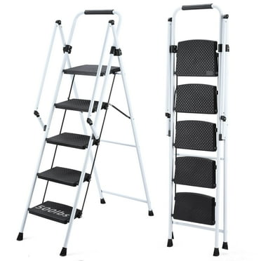 Deiokin 5 Step Ladder, Lightweight Folding Step Stool with Wide Anti-Slip Pedal and Safety Handle, Foldable Step Stool, Multi-purpose Steel Step Ladder for Home, Office