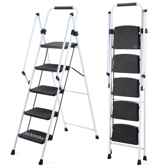 Deiokin 5 Step Ladder, Lightweight Folding Step Stool with Wide Anti-Slip Pedal and Safety Handle, Foldable Step Stool, Multi-purpose Steel Step Ladder for Home, Office