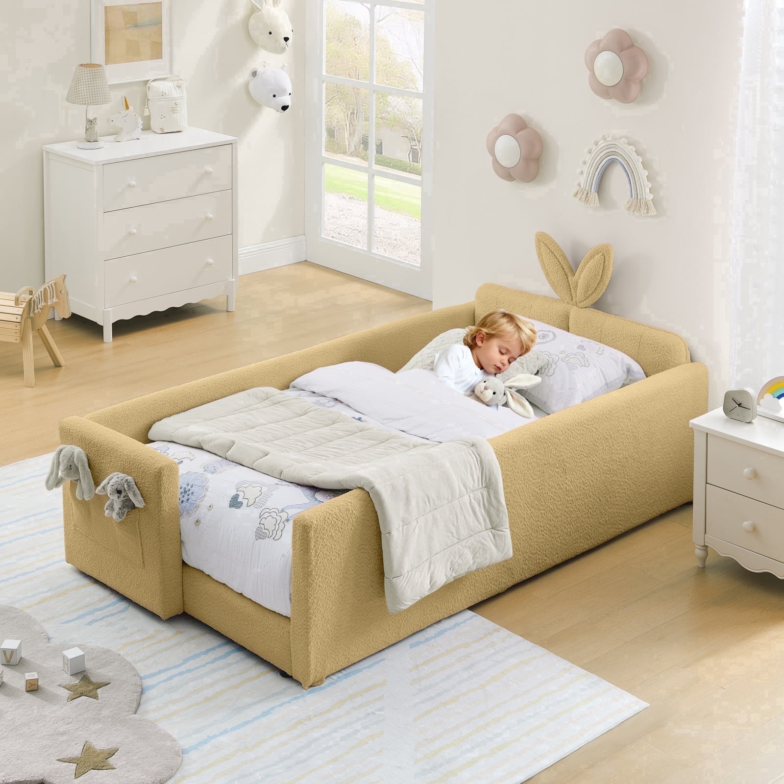 Deiokin Twin Size Bunny Ear Platform Bed Frame, Upholstered Boucle Fabric Bed Frame with Safety Rail & Storage Pocket