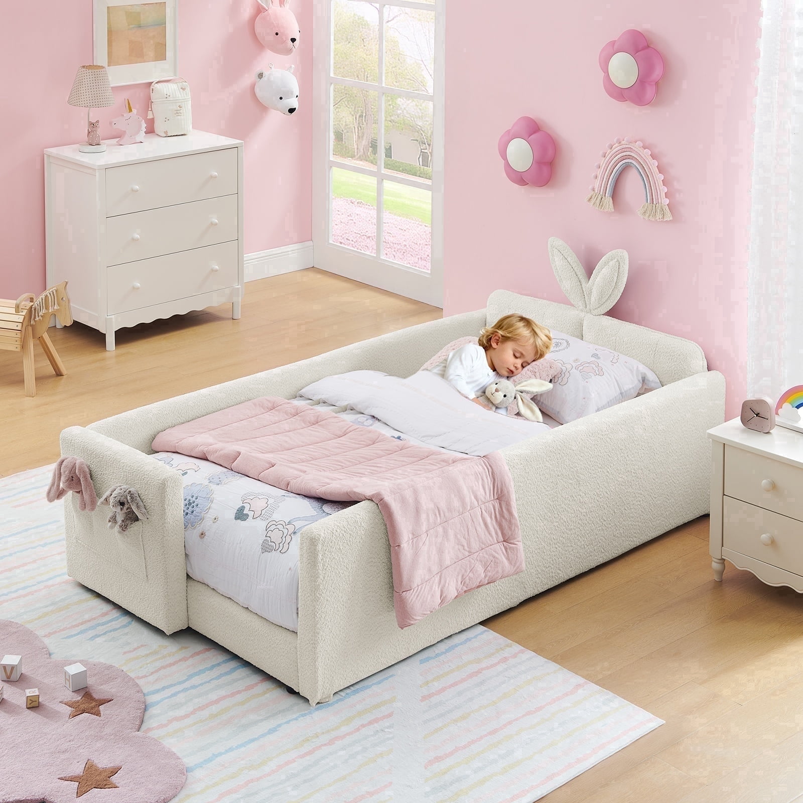 Deiokin Twin Size Bunny Ear Platform Bed Frame, Upholstered Boucle Fabric Bed Frame with Safety Rail & Storage Pocket