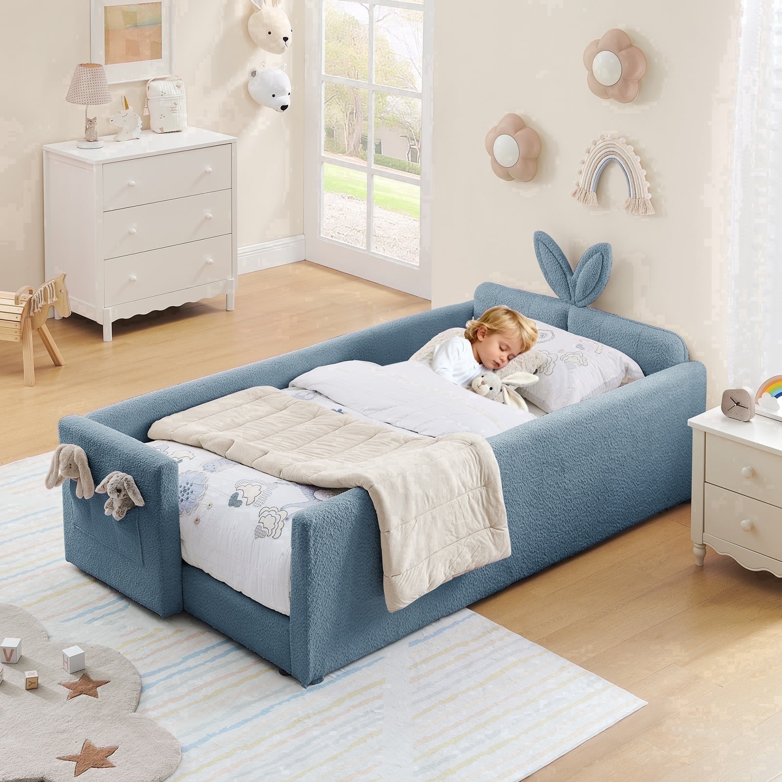 Deiokin Twin Size Bunny Ear Platform Bed Frame, Upholstered Boucle Fabric Bed Frame with Safety Rail & Storage Pocket