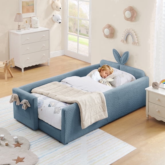 Deiokin Twin Size Bunny Ear Platform Bed Frame, Upholstered Boucle Fabric Bed Frame with Safety Rail & Storage Pocket