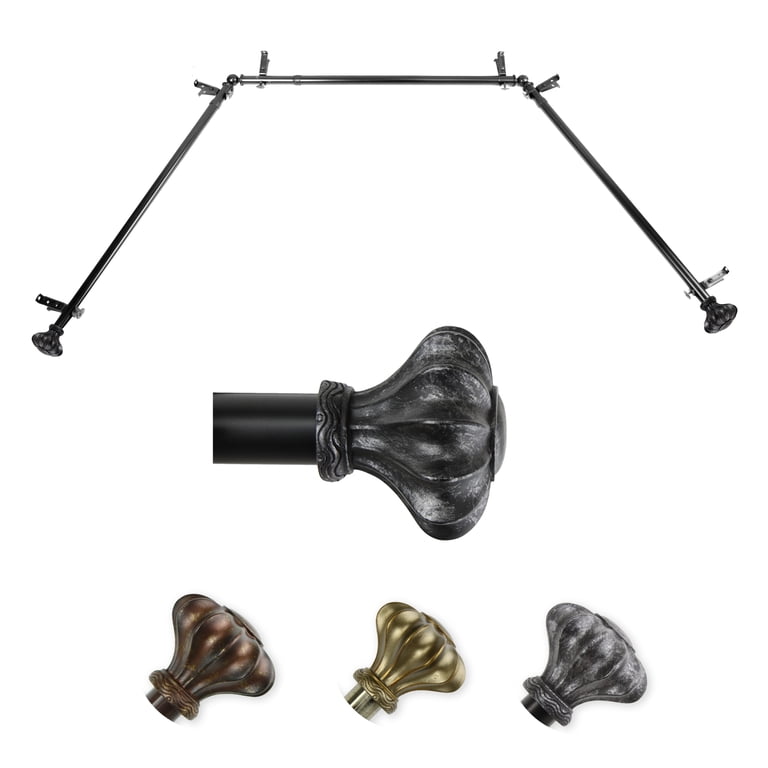 Adjustable Bay Window Curtain Rod Set, 13/16" Diameter, Black - Fits Windows 20-36" And 38-72"
