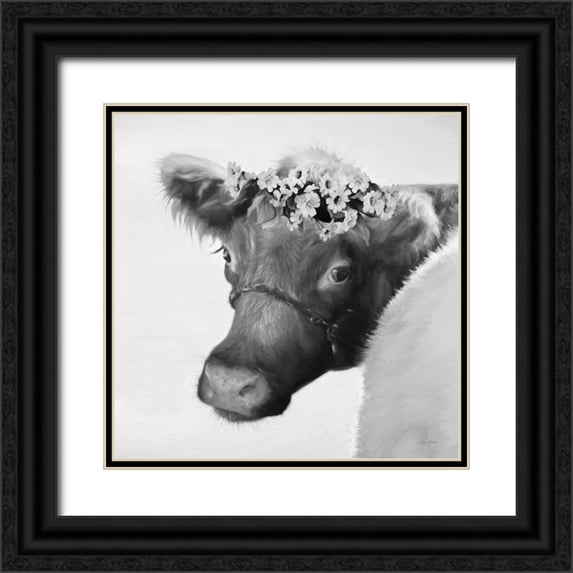 Deiter, Lori 15x15 Black Ornate Wood Framed with Double Matting Museum Art Print Titled - Brown Cow with Flowers