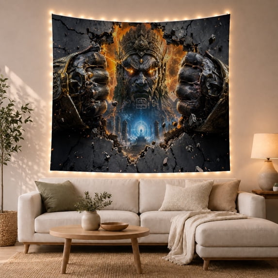 Deity Face with Fiery Portal and Clenched Stone Fists, Dramatic Fantasy for Dark Art Lovers, Mythical Gateway Decor, Halloween Gift Tapestry Wall Hanging for Bedroom and Living Room