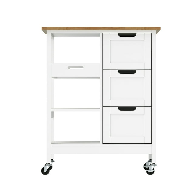 Dejiavue Small Solid Wood Top Kitchen Island Cart on Wheels with Storage, Rolling Portable Dining Room Serving Utility Carts Mobile Movable with 3 Drawers Cabinet,White