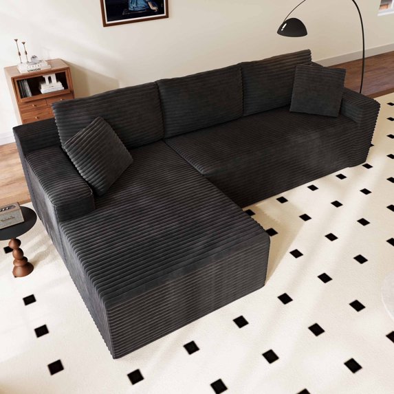 Dekaisok 105" Boneless Modular Sectional Sofa, Oversized L-Shaped Cloud Couch, No Assembly Required, Deep Seat Corduroy Living Room Sofa, Black (Left Facing Chaise)