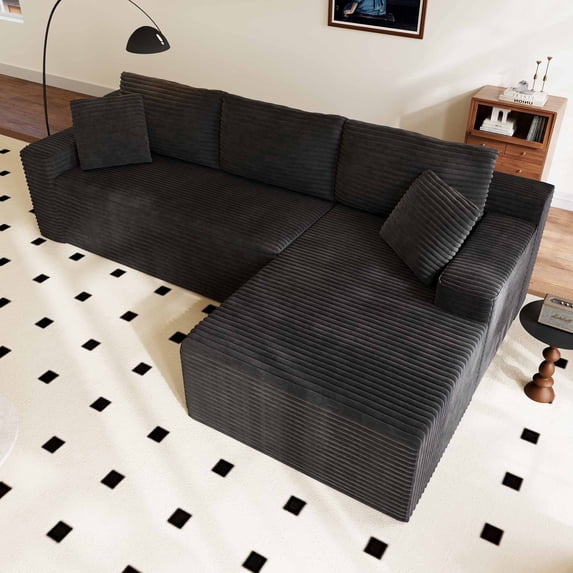 Dekaisok 105" Boneless Modular Sectional Sofa, Oversized L-Shaped Cloud Couch, No Assembly Required, Deep Seat Corduroy Living Room Sofa, Black (Right Facing Chaise)
