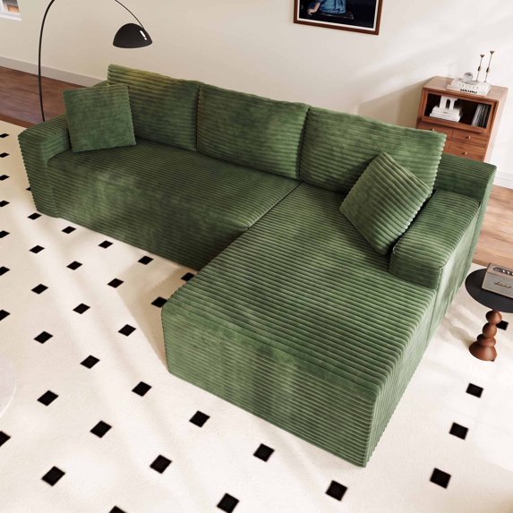 Dekaisok 105" Boneless Modular Sectional Sofa, Oversized L-Shaped Cloud Couch, No Assembly Required, Deep Seat Corduroy Living Room Sofa, Green (Right Facing Chaise)