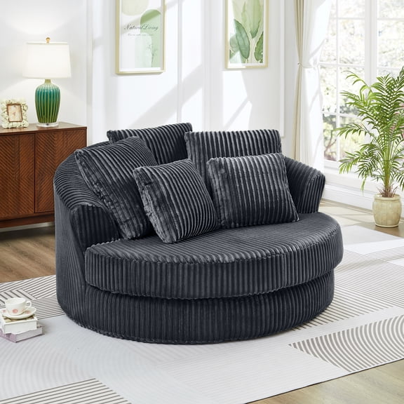 Dekaisok 61" Oversized Boneless Round Chair, Indoor Deep Seat Cloud Chaise Lounge with 5 Pillows, No Assembly Accent Barrel Chair for Living Room, Bedroom, Gray Corduroy