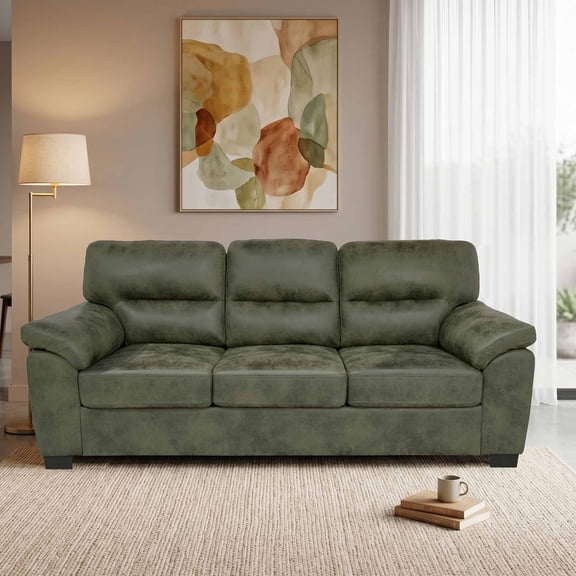 Nkurdsu 81" Modern Mid-Century Sofa with Pillow Armrests, 3-Seater Faux Leather Couch for Living Room, Olive Green