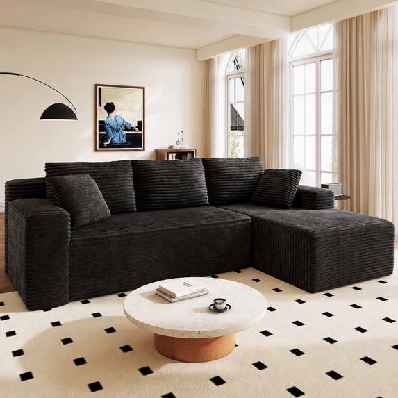 Nkurdsu 96" Modular Sectional Sofa, Boneless L-Shaped Cloud Couch, No Assembly Required, Modern Corduroy Sofa for Living Room, Black (Right Facing Chaise)