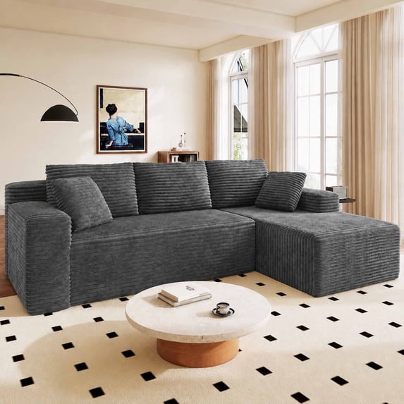 Nkurdsu 96" Modular Sectional Sofa, Boneless L-Shaped Cloud Couch, No Assembly Required, Modern Corduroy Sofa for Living Room, Dark Gray (Right Facing Chaise)