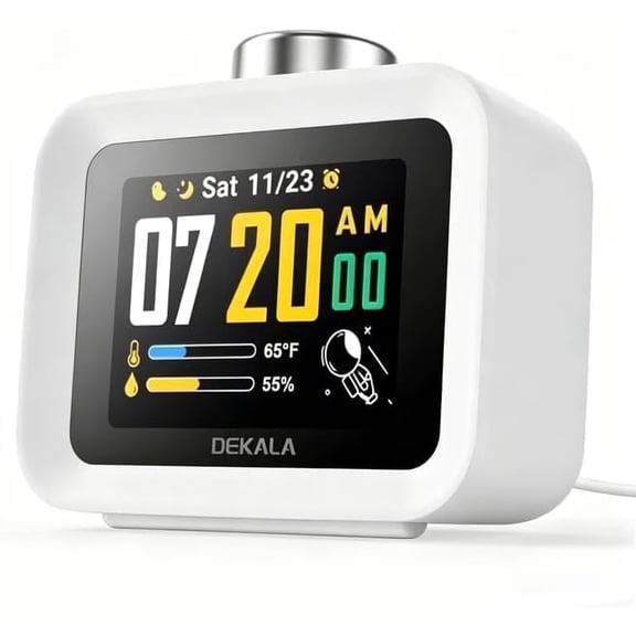 Dekala Alarm Clock for Bedrooms, 4 Alarms, 7-Day Programmable Loud Digital Clock for Heavy Sleepers with White Noise, Temperature & Humidity Display, IPS Animated Screen, Hourly Chime, White