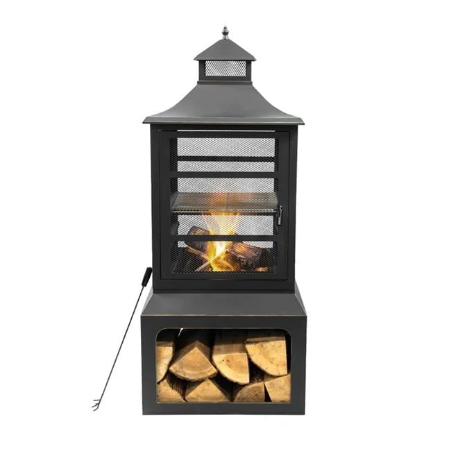 Black Steel Wood Burning Fire Pit with Log Storage