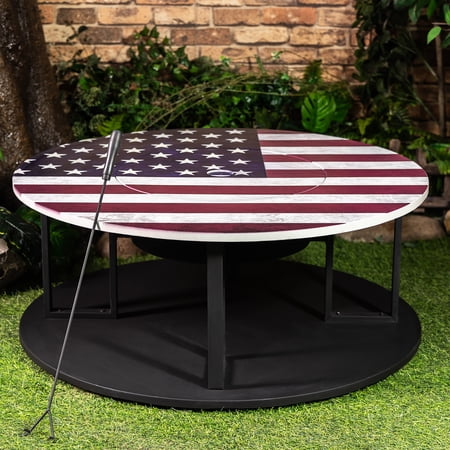 38 Inch Diameter Commemorative Outdoor Steel Woodburning Fire Pit with Log Storage