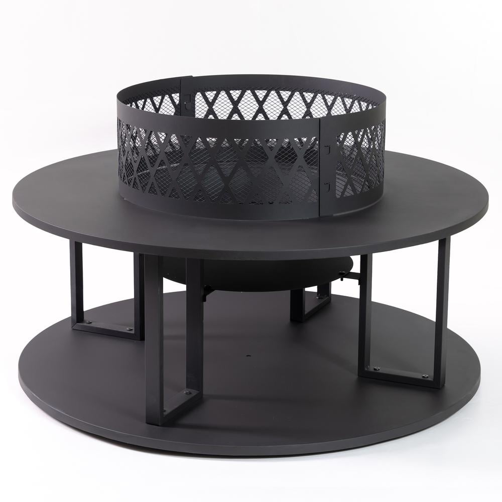 38-Inch Black Steel Wood Burning Fire Pit Table with Log Storage