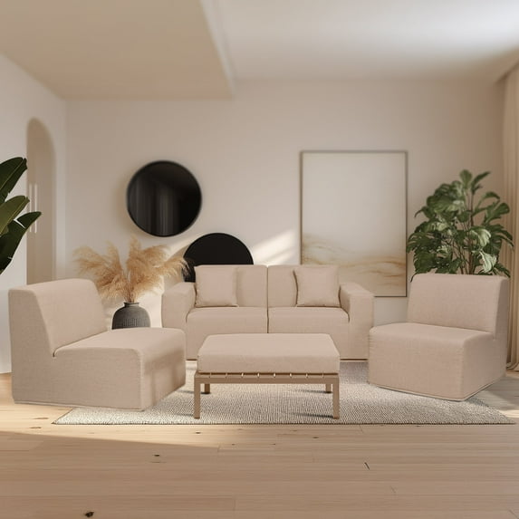 Deko Living 4 Place Seating Brown Compressed Foam Sectional Sofa and Ottoman Set