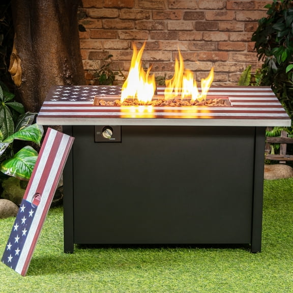 Deko Living 40 Inch Rectangular Commemorative Outdoor Propane Gas Fire Pit Table 50,000 BTU Propane with Lava Rock Filler